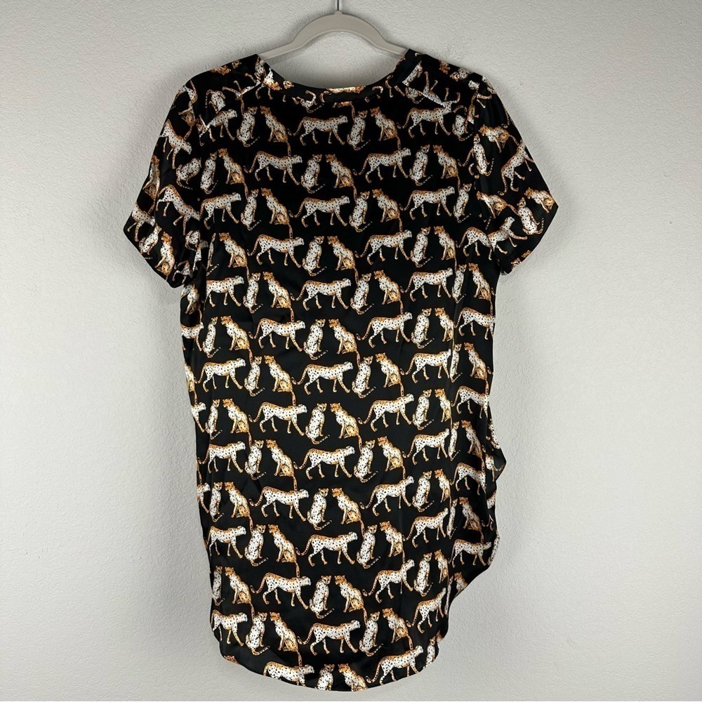 Acrobat Black Leopard Animal Print Short Sleeve High Low 100% Silk Top Medium - Picture 4 of 7